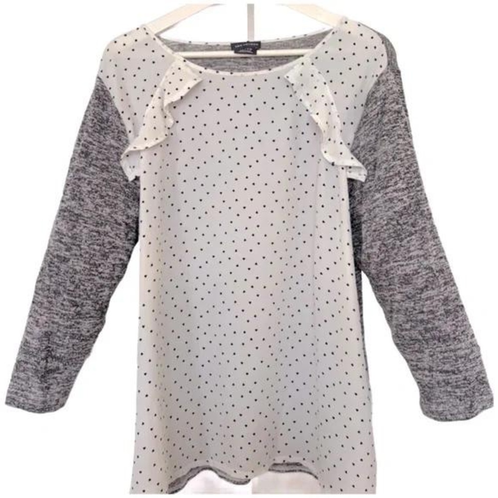 Polka Dot Ruffle Blouse with Gray Sleeves